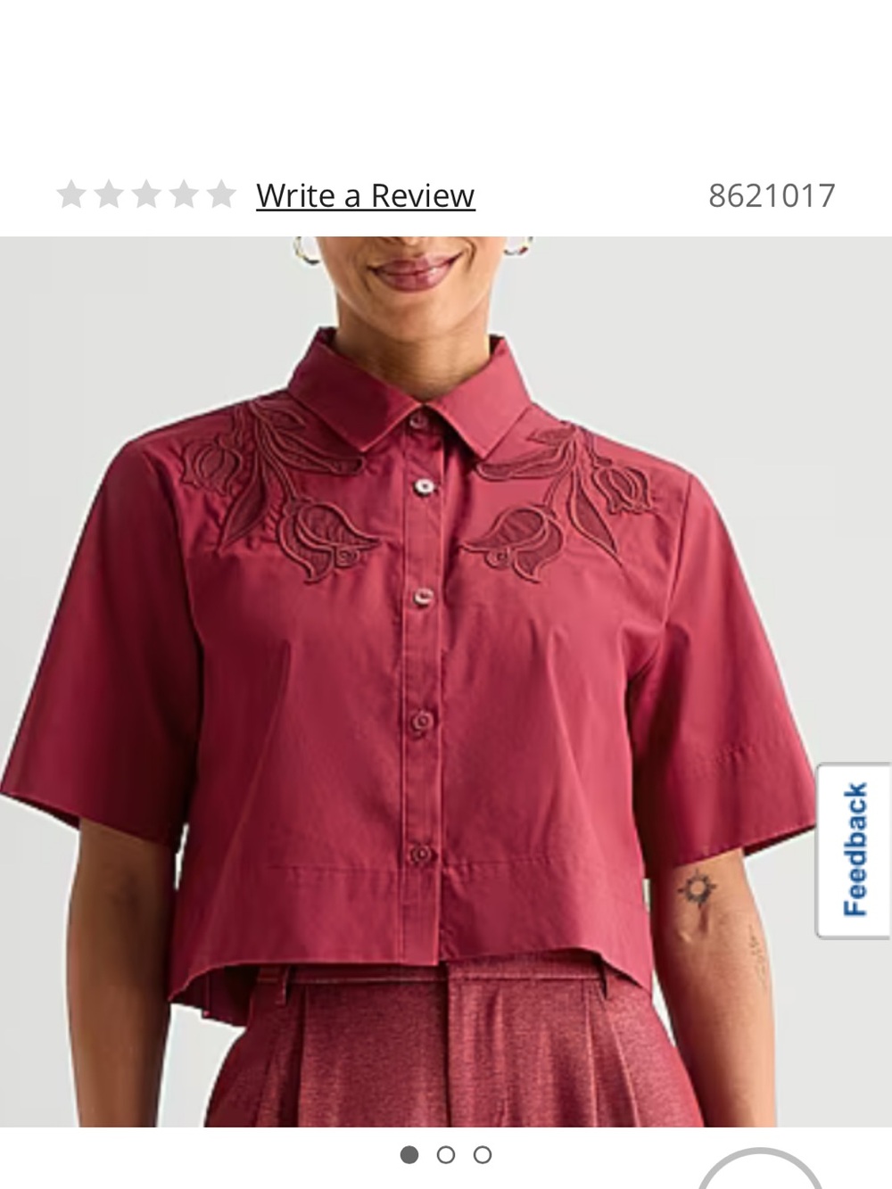 Worthington Cropped Button-Front Shirt in Berry Red with Embroidered Yoke